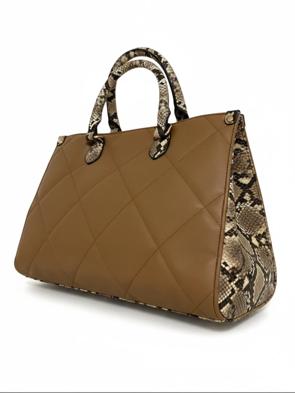 Chico’s Structured Camel and Black Tote Handbag with Snake-Print Trim NWOT